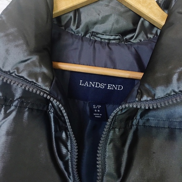 Lands End Shiny Dark Metal Gray Down Fill Puffer Fleece Zip Up Vest SP - Picture 7 of 8